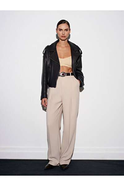 Dilvin 7954 Yüksek Bel Pileli Palazzo Pantolon-Açık Taş