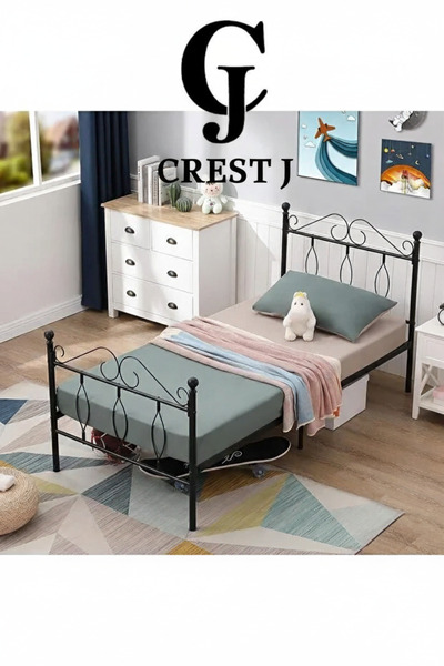 Crestj سرير معدني بإطار حديدي مقاوم للصدأ، مقاس فردي || 90 سم × 190 سم