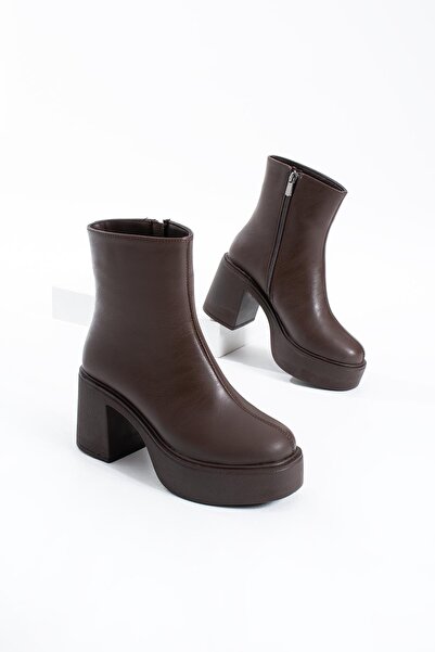 Moda Pie Menas Platform Taban Fermuarlı Kadın Topuklu Bot Kahve Cilt