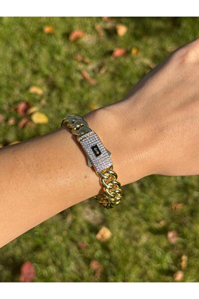 Luseda Taşlı Gurmet Çelik Kelepçe Gold VIP Bileklik Çap 6.5CM