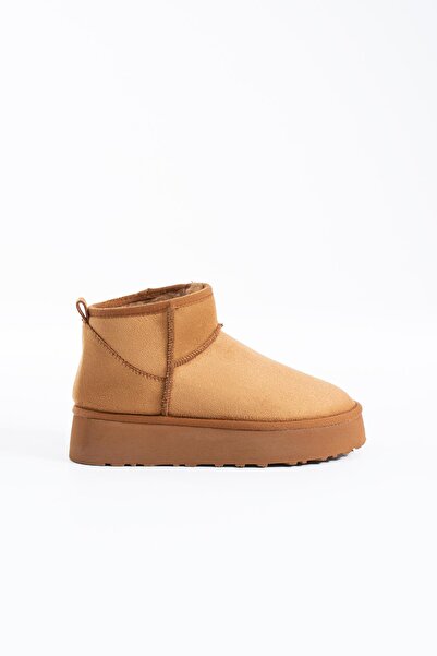 Moda Pie Poofy Kalın Taban İçi Kürklü Kadın Bot Taba Süet