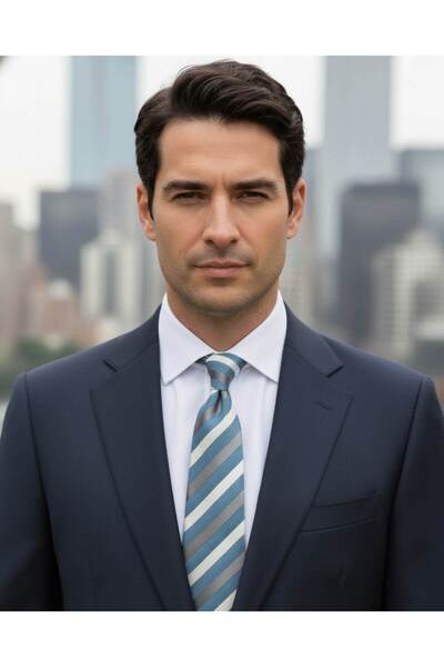 1001 Kravat ربطة عنق مخططة باللون الرمادي والأزرق الداكن والأبيض بعرض 8 سم