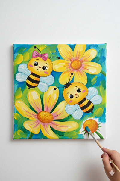 dudu ahşap 20x20 Resimli Tuval Çocuk Boyama Seti- Arı resimli 3 boya 1 fırça