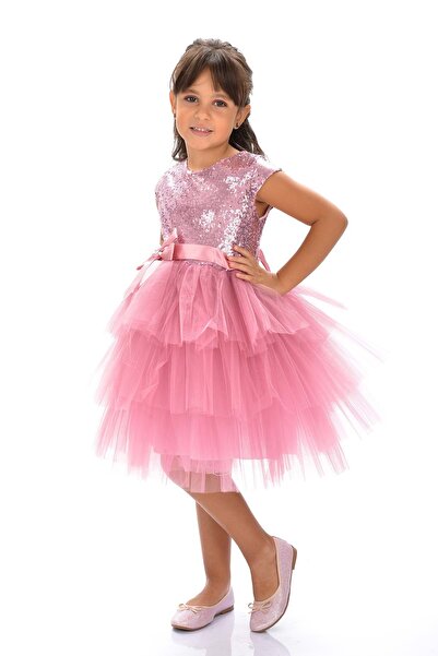 Mnk Kız Çocuk Pullu Tüllü Parti Elbisesi GÜL KURUSU