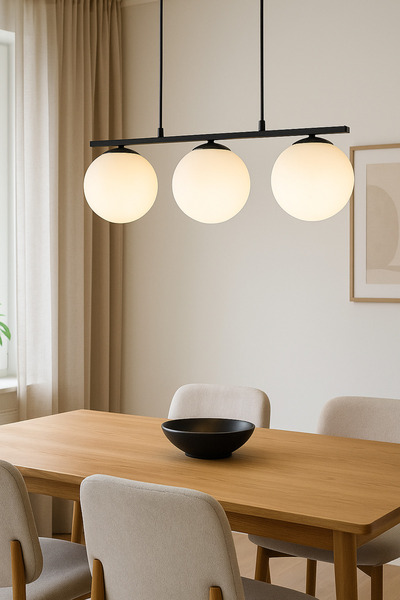 Modavize Sezar Beyaz Camlı Salon - Mutfak - Yatak Odası Siyah Modern Tasarım 3 Lü Avize