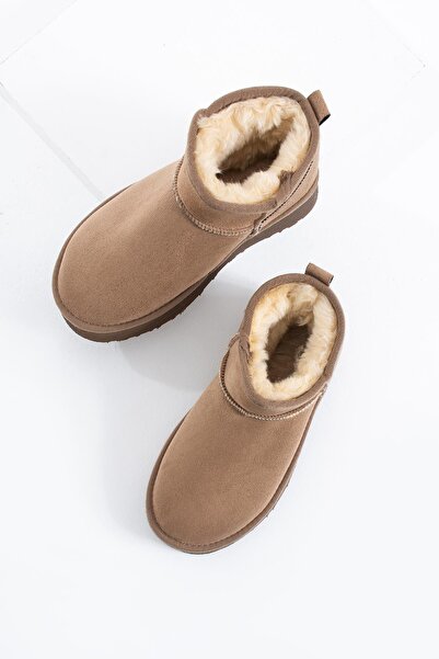 Moda Pie Poofy Kalın Taban İçi Kürklü Kadın Bot Vizon Süet