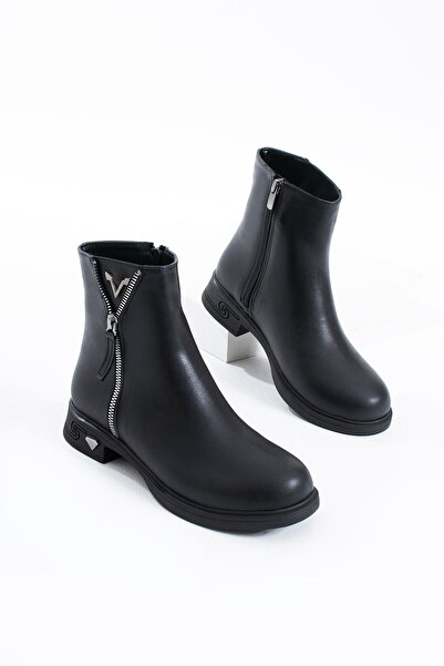Moda Pie Frank Fermuar Aksesuar V Tokalı Kadın Bot Siyah Cilt