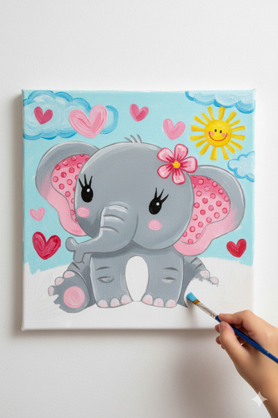 dudu ahşap 20x20 Resimli Tuval Çocuk Boyama Seti- Fil resimli 3 boya 1 fırça