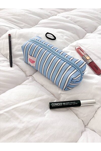 girlsybags Mavi Çizgili Tek Gözlü Kalemlik Yıkanabilir Fermuarlı Okul Mavi Kalem Kutusu