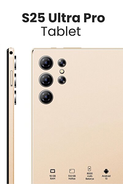 Genel Markalar S25 Ultra Pro Tablet GOLD – 10.1” FHD Ekran, 16GB RAM, 512GB Hafıza, Klavye Mause Hediyeli