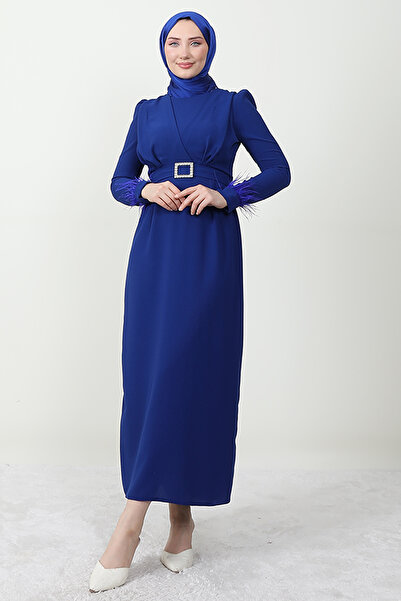 Giza Giyim Λεπτομέρεια με πούπουλα Μουσουλμανικό Φόρεμα Νυχτερινό Μπλε