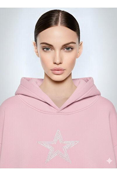 dwnwear Pink Color Women's Unisex 3 Thread Thick Raised Star Stone Printed Ov...