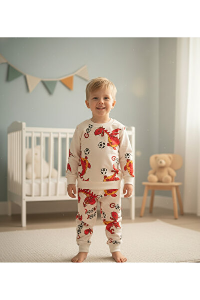 Arya Nisa Kids Boys' Fleece-Lined 100% Cotton Red Dinosaur Football Ball Figure Printed Pajama Set