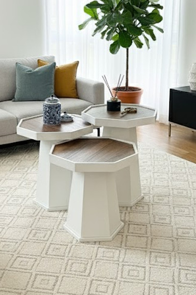 Liya PİRAMİT 3LÜ ZİGON SEHPA ORTA SEHPA AHŞAP ÜÇLÜ SEHPA BOHEM MODERN SEHPA BEYAZ