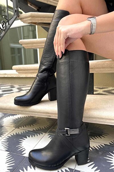 Women's Genuine Leather Boots with Ankle Knee Clasp and Heels BLACK