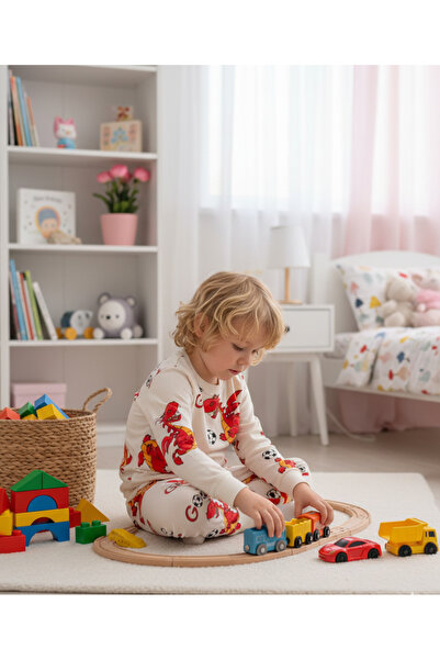 Arya Nisa Kids SET DE PIJAMĂ IMPRIMATĂ CU FIGURĂ DE MINGE DE FOTBAL DINOZOR ROȘU PENTRU BĂIEȚI cu căptușeală din fleece bumbac 100%