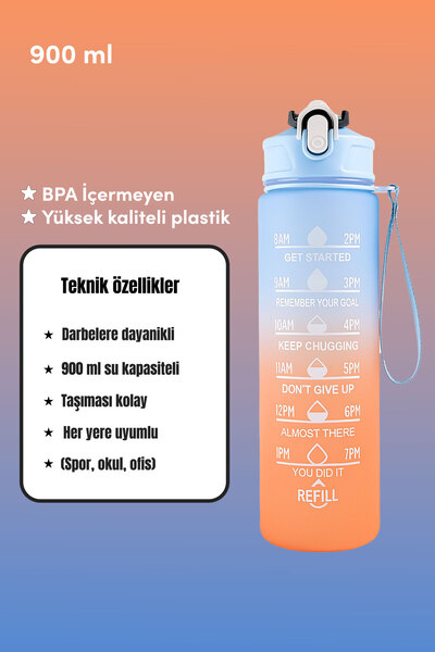 DMR Motivasyon Saat Çizelgeli 900 ml Mor Mavi Renk Su Matarası – BPA’sız, Spor, Okul, Ofis İçin