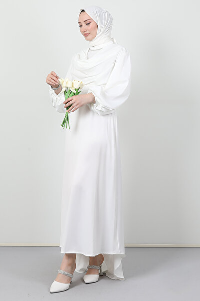 Giza Giyim Kuyruklu Degaje Elbise Beyaz