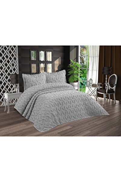 Lady London Ayça Ponponlu 3 Parça Çift Kişilik Yatak Örtüsü-Taş Rengi