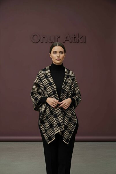 Onur Etol -Eșarfă pentru umăr cu model în carouri, țesătură țesătă, șal de iarnă pentru femei, mărime unică (BlackGold)