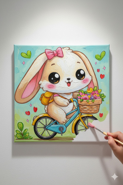dudu ahşap 20x20 Resimli Tuval Çocuk Boyama Seti- Sevimli Tavşan 3 Akrilik Boya+ 1 Fırça ile birlikte
