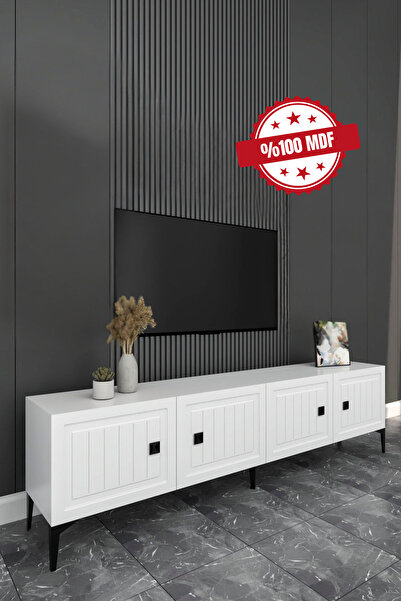 Happylife Furniture Design %100 Mdf Tv Ünitesi Işlemeli 4 Kapaklı Aytaşı Tv Sehpası Kırık Beyaz Renk