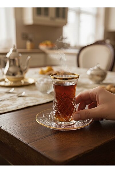 DECOSTYLE Heybeli aşabahçe Dekorlu  altın yaldızlı  Super Desenli cam Tabaklı 12 Parça  Çay seti