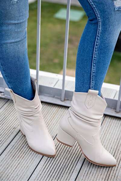 FSKOMBİN Salsa Kadın Ekru Kalın Topuklu Western Bot