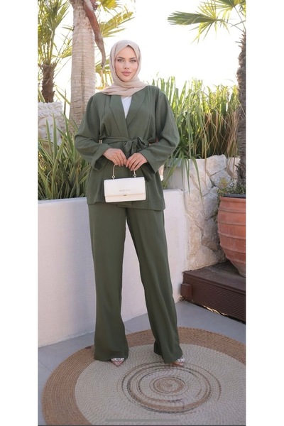 onlymoon tekstil Γυναικείο Σετ παντελόνι τουνίκ με φύλλο μεγάλου μεγέθους |   Σετ των δύο |   Γιακάς παλτό |   Χακί Κομψό Βασικό