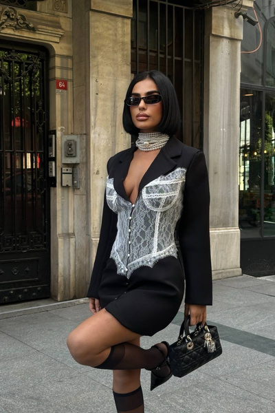 Love Fab Vatkalı Dantel Tasarım Dügme Detay Özel Tasarım Ceket Elbise