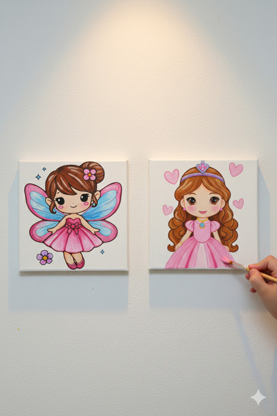 dudugift OKUL Etkinliği -2'li Tuval Boyama Seti. 20x20 Cm Uv Baskı 6 Akrilik ...