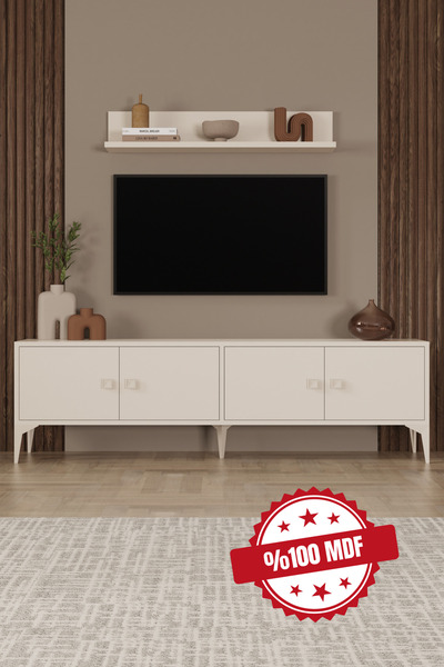 Happylife Furniture Design %100 MDF Tv Ünitesi Tv Sehbası Krem Rengi Raflı Do...