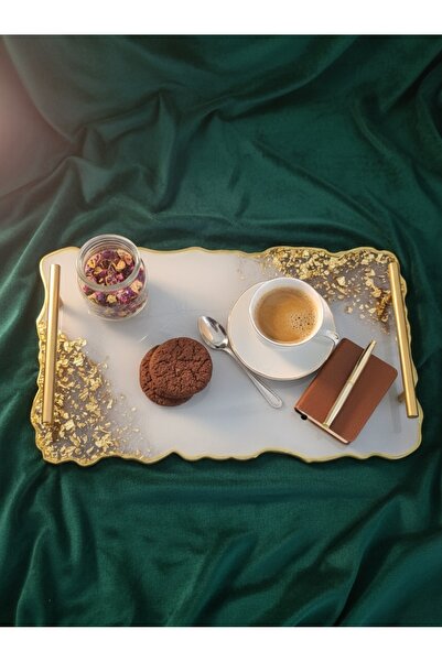 BG CONCEPT Epoksi Servis,Söz, Nişan Tepsisi – Beyaz Renk Gold Detaylı Lüks De...