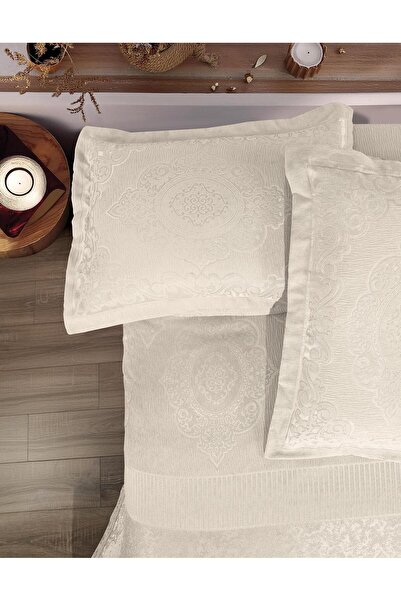 Lady London Paris Nakışlı Şönil 3 Parça Çift Kişilik Yatak Örtüsü- Krem