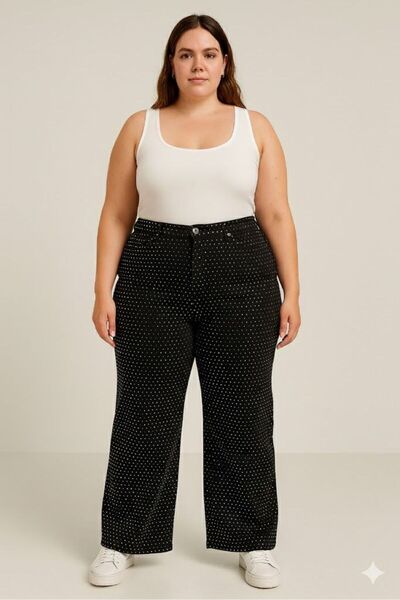 N&D KADIN-BÜYÜK BEDEN JEANS GENİŞ PAÇA SERPME TAŞLI KOT PANTOLON