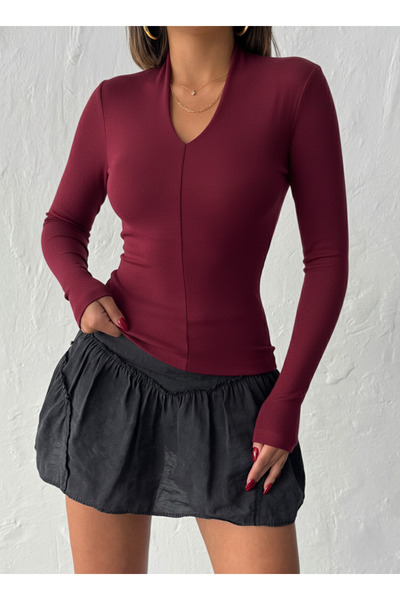 peralist Women's Modal Rib Fabric V-Neck Long Sleeve Blouse