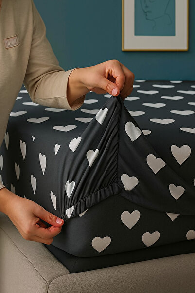 Navessa Home Collection White Heart Black Elastic Fitted Sheet - Cotton, Single, Double Size |   Suitable for Home, Dormitory, Hotels