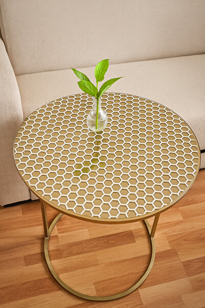 Rona Home 3-Piece Zigon Coffee Table Cover - Honeycomb Patterned Pvc White Model, Dowry Box Cover, Wipeable, Waterproof, Luxury