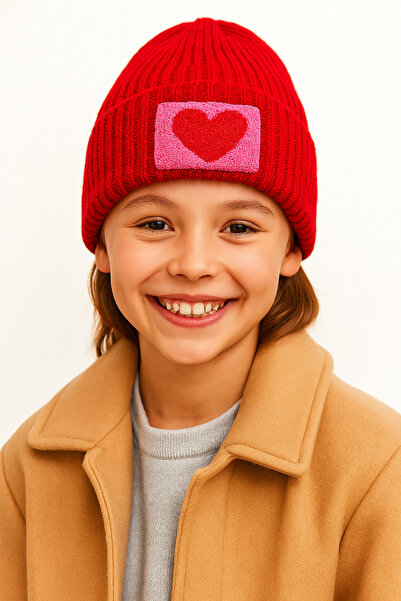 byebruketenci Beretă roșie pentru copii și adolescenți, cu model inimă roz, p...