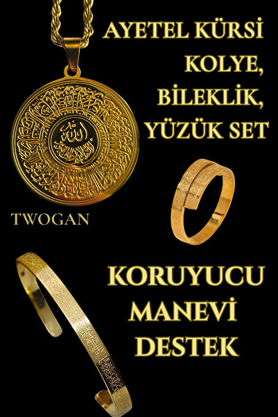 TWOGAN Ayetel Kürsi Çelik Bileklik, Kolye, Yüzük Seti, Gold Renk