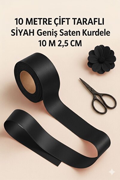serap çiçekçilik Siyah Geniş Saten Kurdele 10 Metre 2,5 cm. Siyah Saten Kurdele Şerit