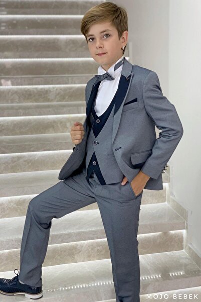 Mojo Bebek Mojo Erkek Çocuk Yaka Detaylı Klasik Damatlık Set 20317 Gri-Lacivert