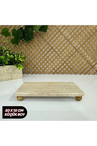 FARALYAHOME Doğal Traverten Mermer Yağlık Altlığı -Sıvı sabunluk altlığı-sunumluk 20x10 cm Ahşap Ayaklı