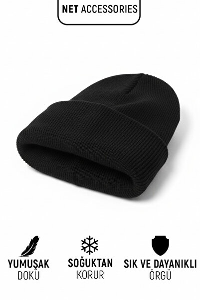 Net Tekstil Black Winter Knitwear Beanie Unisex Folded Cotton Hat