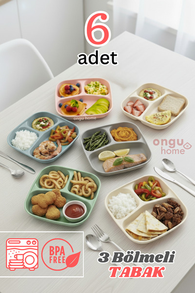 ongu home 6 Adet Tabak Yıkanabilir Üç Bölmeli Tabak Mama Tabağı Tabldot Piknik Tabağı Kamp Tabak Seti