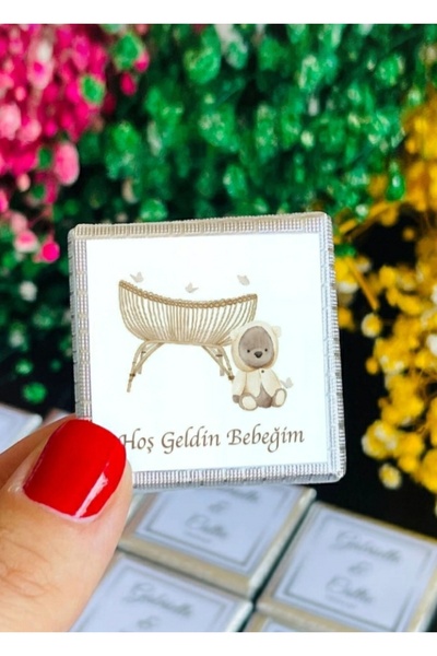 fırsatlar diyarı Bej Soft Teddy Bear Square Chocolate Label Birthday Madlen G...
