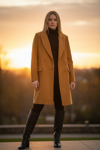 Pitti Women's Mustard Velvet Double Breasted Long Jacket 70573