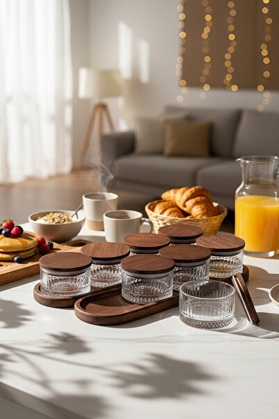 Snippy Bella 10 Parça Tepsili Ahşap Vakumlu Kapaklı Cam Kahvaltılık Çok Amaçlı Cam Çerezlik 235ml