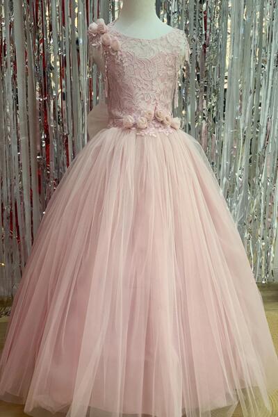 Kanilla Kız Çocuk Tarlatanlı Üç Boyut Gül Aksesuar Gelinlik 2144 Pudra