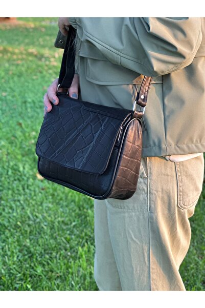 Deribag Genuine Leather, Medium Size, Black, Cross Strap, Women's Shoulder Bag 25*21*8 cm